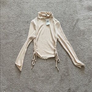 Ribbed Cream Turtleneck Top